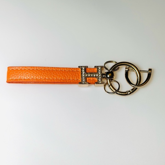 Accessories - H Orange Leather Keychain with Gold Accents